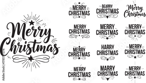 Merry Christmas typography vector lettering bundle set isolated on white background for holiday design.