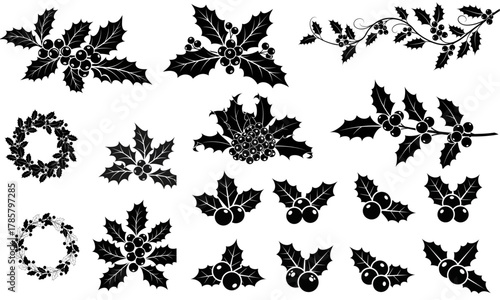 Holly Berry Vine Silhouette Vector | Flowing Curved Botanical Line Art | Black Christmas Plant Illustration