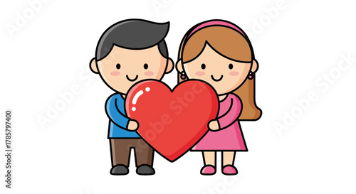 Charming cartoon couple holding a bright red heart expressing affectionate love and joy