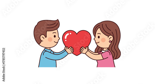 Cartoon couple sharing a heart shape against a clean white backdrop illustrating affection and