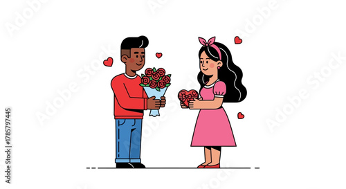 Romantic Exchange: A Boy Presents Flowers to a Girl Holding a Heart-Shaped Gift