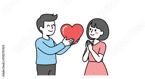 A delightful illustration of a loving gesture presenting a red heart to a happy woman