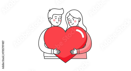 Drawn couple embracing a big red heart symbolizing unity and connection in a modern simple style