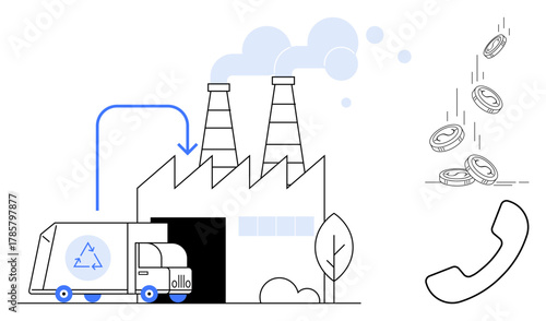 Recycling truck unloading at factory, smokestacks emitting minimal smoke, coins dropping into phone symbol. Ideal for sustainability, economy, waste management, business, industry, finance