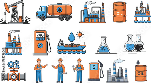 Oil and Gas Industry Flat Line Icons Set: Energy Production, Refinery, Drilling Rig, Tanker Truck, Fuel Station, and Worker Vectors