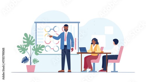 Diverse business team in a modern office meeting presenter pointing at a circular diagram on a whiteboard during a presentation
