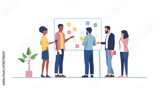 Diverse team of professionals collaborating around a whiteboard with sticky notes brainstorming ideas and planning projects together