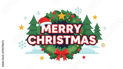 Festive Merry Christmas Wreath with Santa Hat and Decorations Illustration