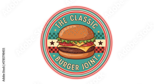 Classic burger joint emblem evokes retro diner vibes with vibrant colors and nostalgic design perfect for food branding and restaurant menus