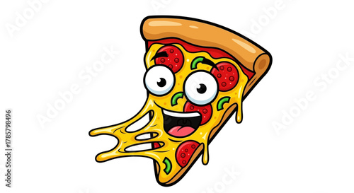Happy cartoon pizza slice with pepperoni and smiling face, perfect for food blogs, restaurants, and fun design projects