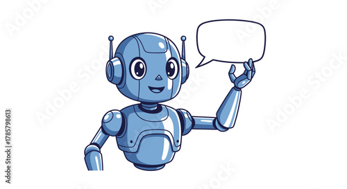 Friendly robot with speech bubble offering space for text or message, perfect for AI concepts and communication