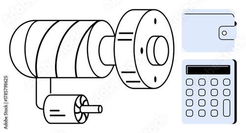 Mechanical screw compressor with motor assembly, wallet, and calculator combination. Ideal for finance, manufacturing, technology, cost analysis, engineering, budgeting and energy efficiency in