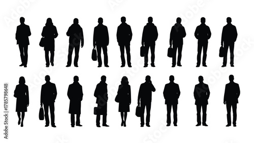 People Silhouettes Vector Set: Professional Men and Women Standing and Walking, Entourage Figures for Architectural Drawings and Graphic Design