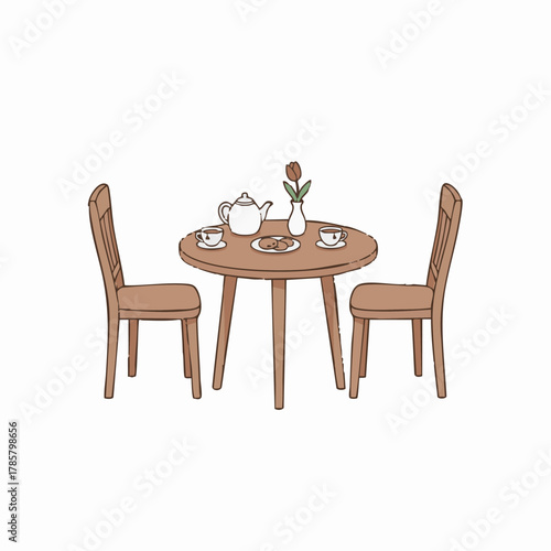 居心地の良いティーブレイク：木製家具と一輪の花のミニマリズムな手描き風ベクター