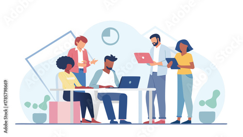 Diverse team of professionals collaborating on a project using laptops and tablets in a modern office setting with abstract background elements