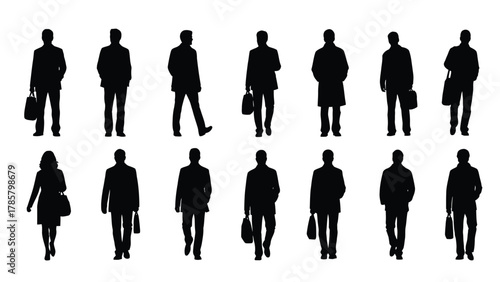 Set of Black Vector Silhouettes of Business People: Men and Woman Walking and Standing, Isolated on White Background. Full Body Cutouts for Architectural Renderings.