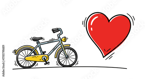 Charming hand-drawn bicycle and vibrant heart illustration perfect for conveying love, cycling, and romantic concepts with a unique style