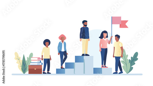 Diverse group of people standing on a podium symbolizing success achievement and reaching goals with a flag representing victory and accomplishment