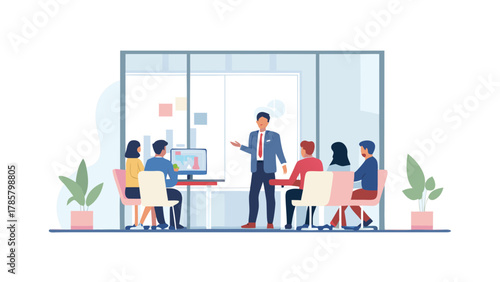 Business meeting in a modern office with a presenter explaining charts on a computer screen to colleagues