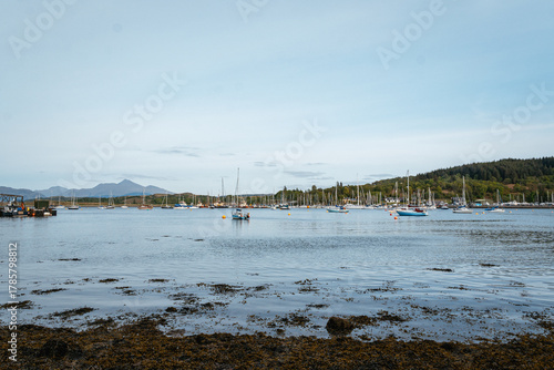 Harbor with boats moored in the bay with mountains in the background, Scotland