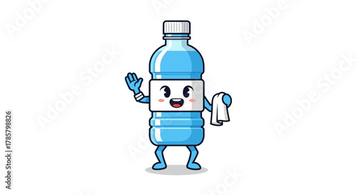 Cute cartoon water bottle character waving hello and offering refreshment with a towel for hydration and health