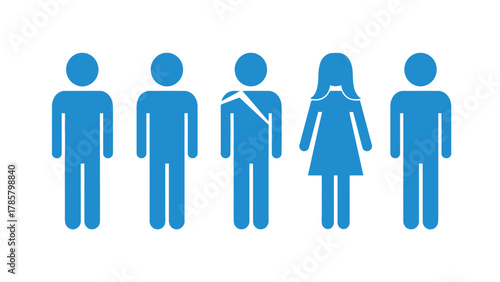 Diversity and Vulnerability Icon Set. Vector illustration of five standing figure icons, including male, female, and broken/cracked male symbol.