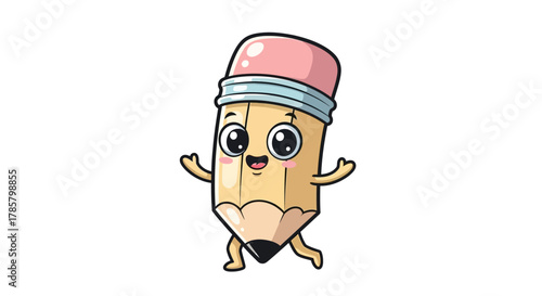 Happy cartoon pencil character joyfully running forward ready to write and draw for creative projects and educational designs