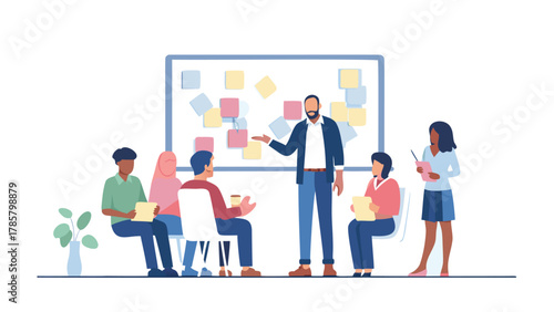 Diverse group of people attending a presentation or workshop with a facilitator pointing at a whiteboard covered in sticky notes