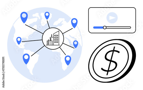 Map with location pins linking a central business hub, video player interface, coin representing monetary value. Ideal for globalization, digital marketing, business growth, economic strategy, online
