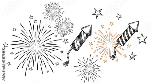 Dynamic fireworks and starbursts illustration with rockets, perfect for celebratory designs and festive announcements