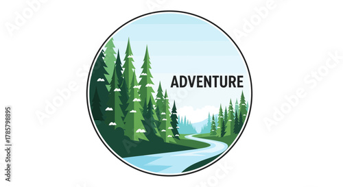 Invigorating forest scene with a winding river and the word Adventure, perfect for travel, outdoor, and nature brands