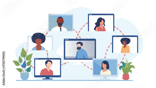 Diverse group of people connecting and collaborating remotely through video calls on computer screens