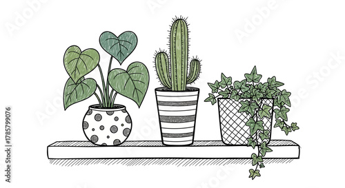 Stylish potted plants cactus and ivy on shelf bring nature indoors with this clean line art drawing perfect for modern home decor and botanical designs