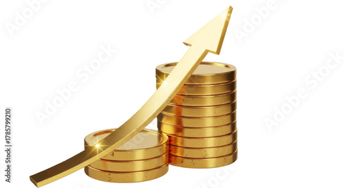 Stunning golden arrow pointing upwards over shimmering coins, signifying financial growth and investment success, ideal for business presentations