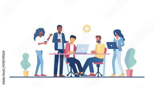 Diverse team of professionals collaborating on a project at a modern office desk with laptops and coffee