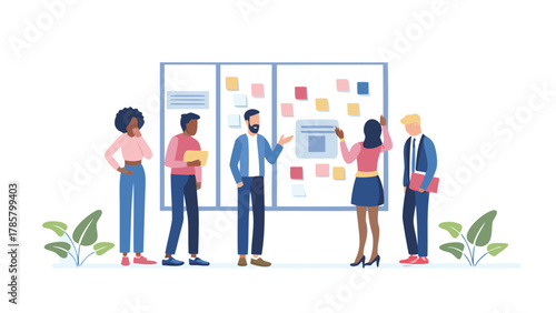 Diverse team of professionals collaborating and brainstorming ideas on a large whiteboard with sticky notes during a meeting