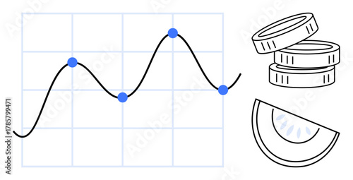 Line graph tracking data points overlays a grid near stacked coins and a partial pie chart slice. Ideal for analytics, finance, research, education, success, marketing, simple flat metaphor