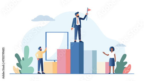 Diverse business team celebrates success on a colorful podium with a leader planting a flag at the summit