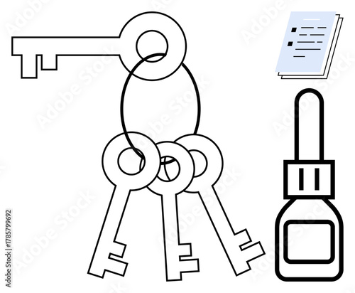 Set of keys on a ring, glue bottle, and a paper document conveying concepts of access, repair, and documentation. Ideal for security, solutions, reliability, organization maintenance trust