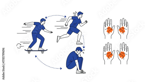 Physical Activity Cycle and Sweating Response Vector Illustration. Diagram Showing Exercise, Exertion, and Palmar Hyperhidrosis.