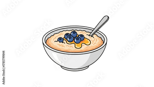 Delicious bowl of oatmeal topped with fresh blueberries and drizzled with honey