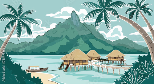 Tropical Overwater Bungalows Resort Illustration on Beach with Mountain and Palm Trees