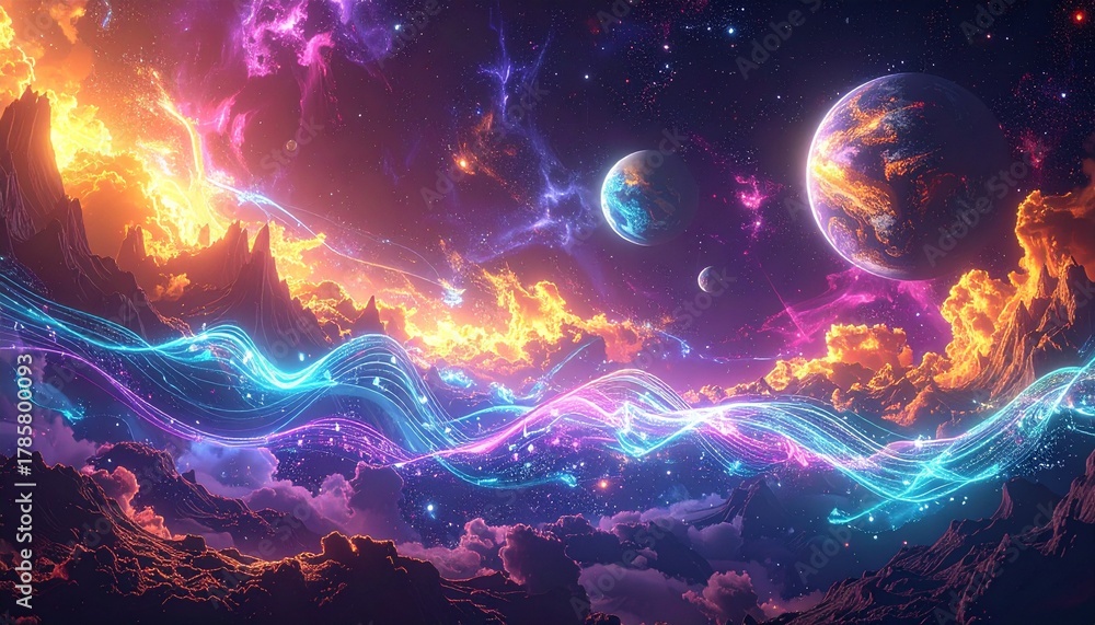 Obraz premium Abstract cosmic landscape with vibrant nebulae, glowing celestial bodies, and ethereal light waves