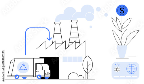 Recycling truck near factory emitting smoke, flow linking to plant growing money. Ideal for sustainability, waste management, green energy, economics, industry, ecological balance growth. Simple