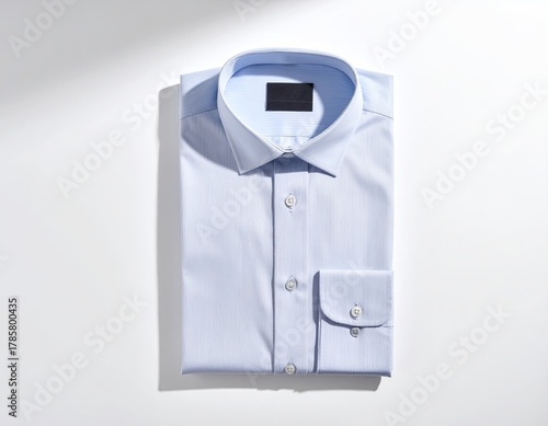 Folded pale blue dress shirt on white, top down studio shot