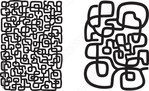 Set of two black and white abstract tangled line vector patterns for graphic design background.