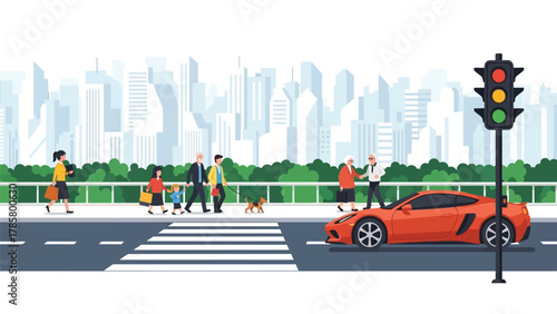 Urban City Life Vector Illustration with Diverse People Walking on Sidewalk, Sports Car at Traffic Light, and Modern Skyline Background