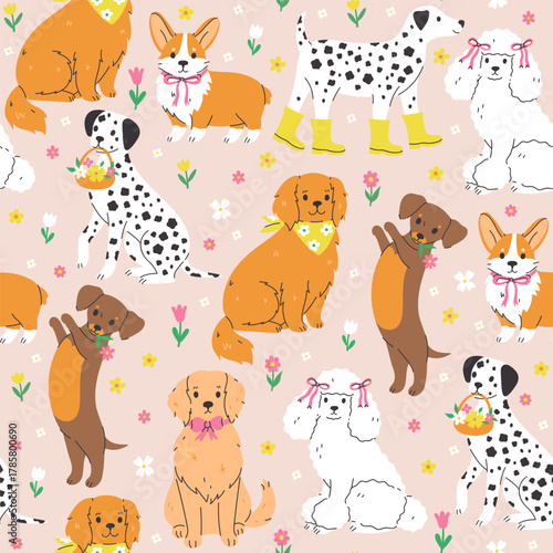 Seamless pattern with cute spring dogs and flowers. Vector graphics.