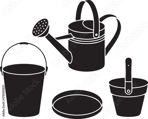 Metal Decor Items Silhouette Watering Can Bucket Tray Pot Icon Set
