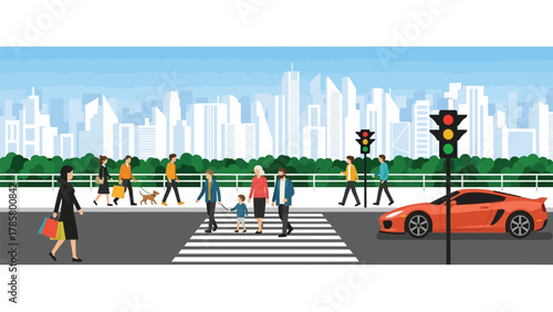 Diverse People Crossing City Street at Pedestrian Crosswalk with Traffic Lights and Urban Skyline Vector Illustration